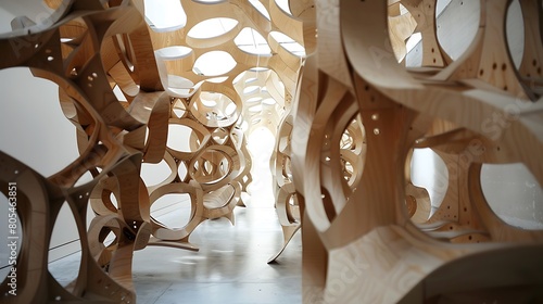Wooden art installation featuring interlocking pieces and intricate joinery, creating visual complexity against a white backdrop.