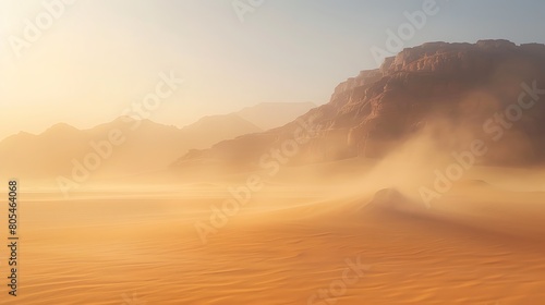 Wisps of desert fog drift lazily across the arid landscape, softening the harsh edges of the sand and lending an ethereal quality to the scene. In this ephemeral moment, 
