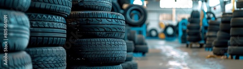 Tire Industry : Piles of car tires in factory storage area