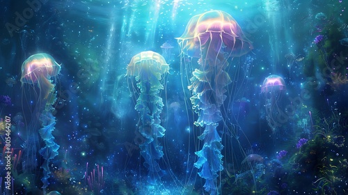 Witness the ethereal beauty of jellyfish with tendrils adorned in delicate, luminescent flowers, pulsating with an otherworldly glow beneath the waves.