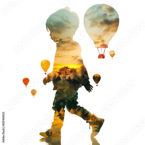 W ciemnym konturze widać postać człowieka trzymającego balony, które unoszą się w powietrzu. Tło stanowi jasne niebo z chmurami