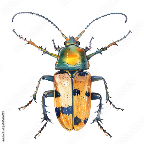 Vibrant Watercolor of a Longhorn Beetle Showcasing Intricate Details