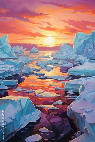 Vivid pastel artwork of glaciers melting off a pastelcolored Earth, highlighting global warming