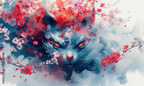 A colorful wall art featuring a stylized kitsune mask surrounded by cherry blossoms. Generate AI