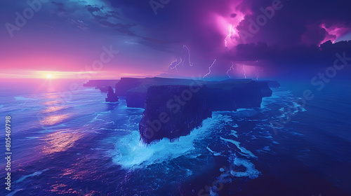 Dramatic digital artwork showcasing a vivid sunset alongside a storm, casting an ethereal glow over rugged sea cliffs and a turbulent ocean
