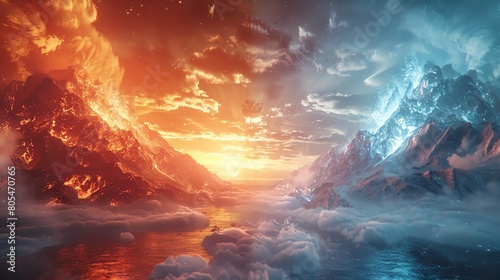 Fire and Ice Illustrate one side with fiery volcanic activity, lava flows, and ash clouds, and the opposite side with icy glaciers, snowcapped mountains, and frozen lakes