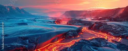 Glaciers and Lava Show the cold, blue tones of glaciers against the warm, red and orange tones of flowing lava