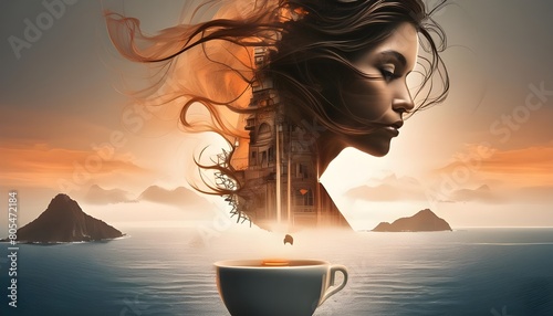 Double exposure combines a woman's face and a seascape with sunset.