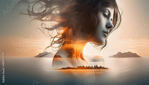Double exposure combines a woman's face and a seascape with sunset.