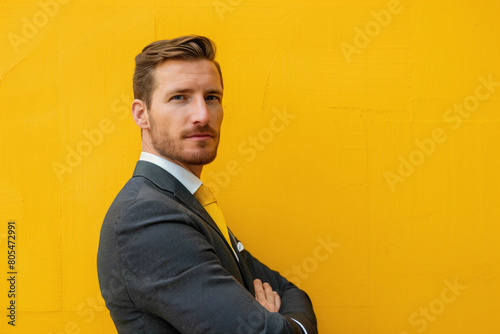 Radiating charisma and poise, a captivating white man dons a polished business attire agnst a striking yellow backdrop, evoking an aura of success and authority.