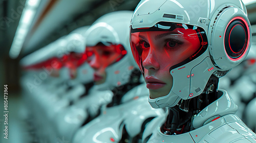 Row of female robots with white helmets and red visor lights standing in line. Generated by AI