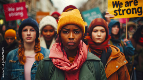 diverse women standing together, with the phrases and "We are strong" displayed prominently in the background