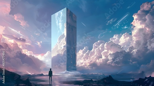 A man contemplating a floating monolith in a surreal landscape with dramatic clouds and light beams