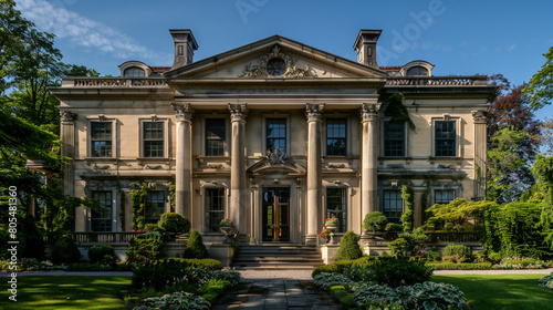 A luxurious Georgian-style mansion surrounded by formal gardens. The home's grand facade features classical proportions, a paneled front door with transom window above, and ornate detailing, 