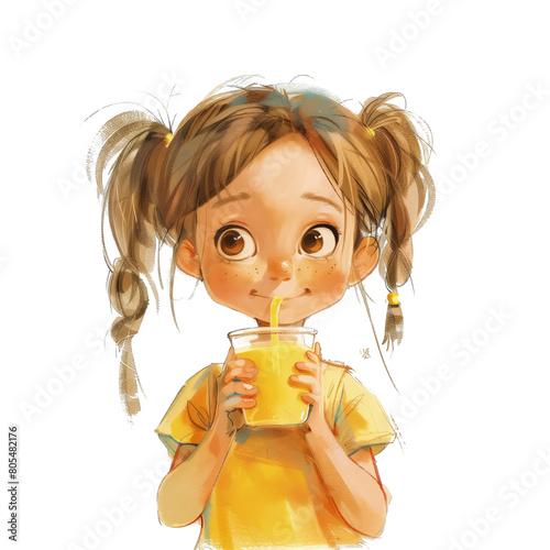 Mała dziewczynka trzyma w ręce szklankę z sokiem pomarańczowym i pije z niej, w tle widoczne są elementy wystroju wnętrza