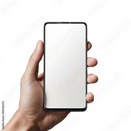 Ręka trzymająca biały telefon Samsung w centrum kadru. Telefon jest w pełni widoczny, a tło jest neutralne