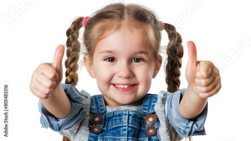 Mała dziewczynka, w wieku przedszkolnym, uśmiecha się i pokazuje gest kciuka do góry