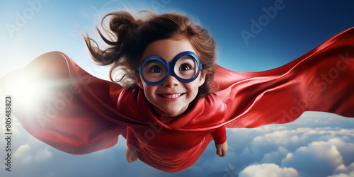 Une petite fille habillée en super-héros, portant une cape rouge et des lunettes, volant dans un ciel bleu avec des nuages.