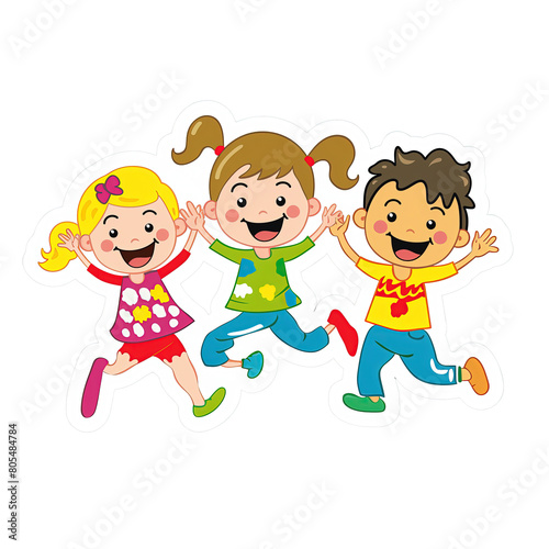 Grupa dzieci w różnym wieku skacze w powietrzu na przezroczystym tle. Radość i energia emanują z ich uśmiechów i gestów