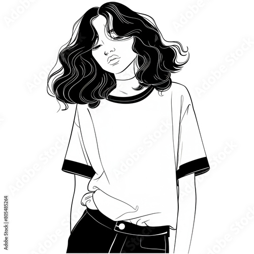 Rysunek przedstawia dziewczynę o kręconych włosach w czarno-białym stylu. Jej wyrazista fryzura jest głównym elementem obrazu