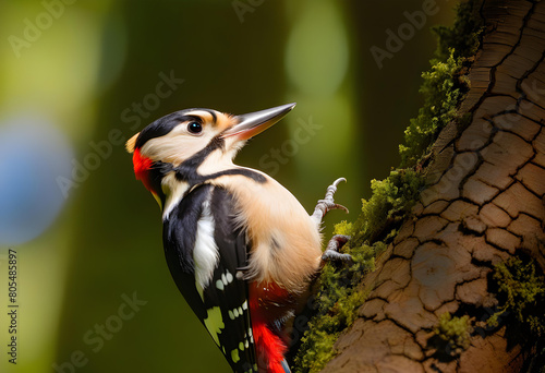 A woodpecker perched on a tree trunk, looking out with its vibrant red feathers visible
