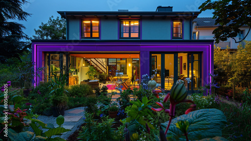 A house with electric purple trim, standing out against the night, its garden glowing with ambient light. The lively interior, visible through grand sliding doors, complements the outdoor space, 