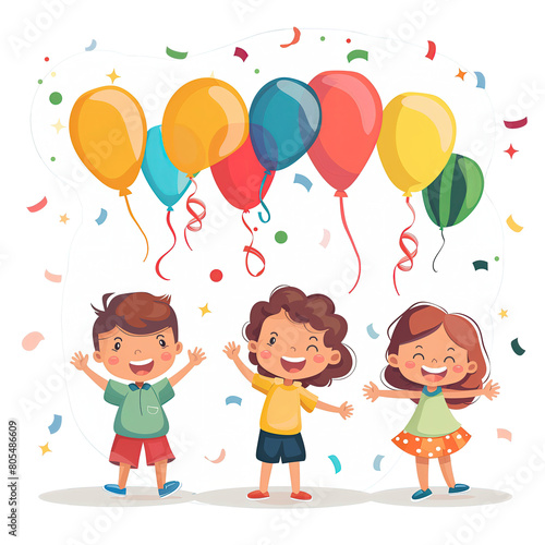 Grupa dzieci bawi się na podwórku, trzymając w rękach kolorowe balony i rzucając konfetti. Dzieci są uśmiechnięte i roześmiane, a w tle widać zieloną trawę i niebo