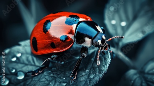  A tight shot of a ladybug perched on a leaf, its back legs dotted with water droplets