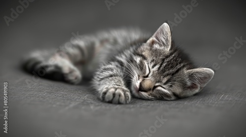  A tiny kitten naps atop a gray floor beside a black-and-white photo of its head