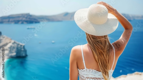  A woman in a white hat gazes out over the vast ocean from a cliff on Zakynthos's blue waters