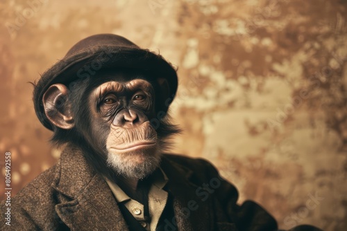 A closeup halfbody of a charismatic primate dressed in a vintage photographers outfit