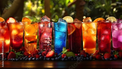 A variety of beverages on a dark table in a park. Concept Park Setting, Beverage Variety, Dark Table, Outdoor Photography