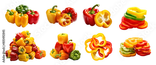 Red yellow green Capsicum bell pepper fruit vegetable, many angles and view side top front group slice cut on transparent background cutout, PNG file. Mockup template for artwork graphic design