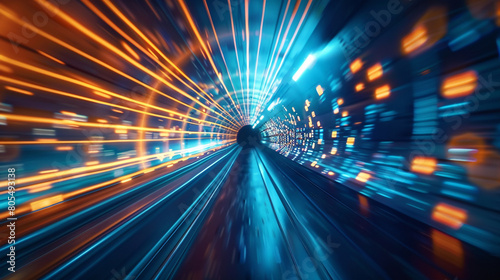 A futuristic tunnel illuminated by sleek rays of blue and orange light that converge in the distance. The walls of the tunnel are adorned with bokeh lights,