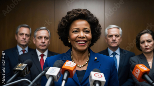 Afro American woman politician at press conference talking into microphones of mass media. Woman leader, political campaign and briefing concep