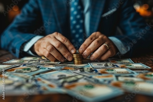 A professional businessman is captured carefully stacking coins on a table covered with various denominations of currency notes