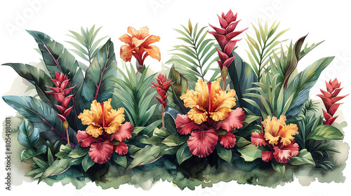 vibrant tropical flowers and leaves in a lush garden