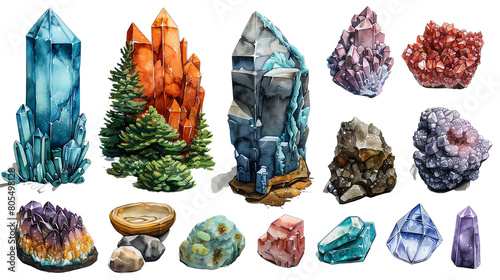A variety of colorful crystals and gemstones on display, some appear to be floating while others are sitting on cut wooden stumps.