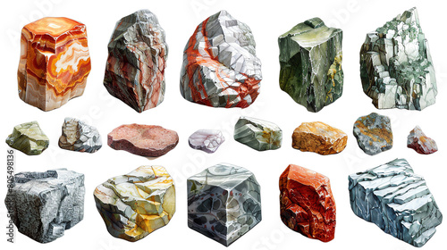 A variety of rocks and minerals, including granite, marble, and limestone.