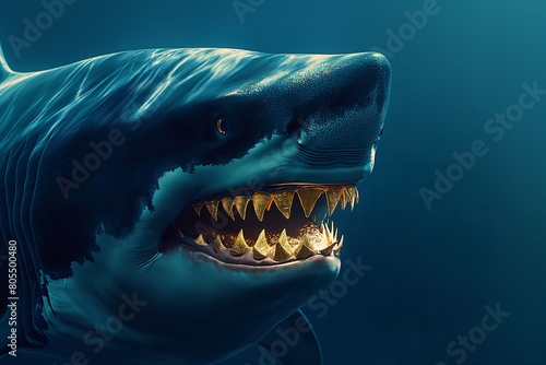 Magnificent great white shark glides through the serene deep blue ocean depths