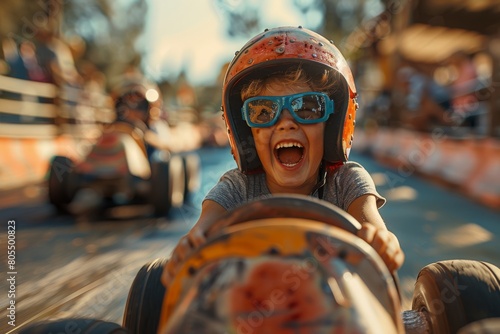 An exuberant child shouts with joy wearing a helmet and goggles, driving a mini racing car