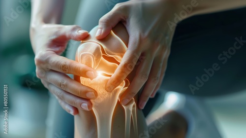 Close-up medical illustration of a knee joint with pain being held by a hand, injury highlights