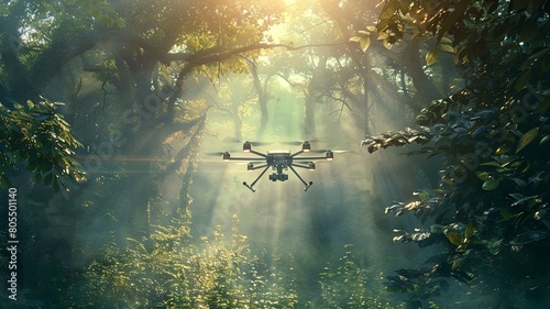 Groundbreaking Drone Technology Soaring Through Lush Forest Canopy with Cinematic Lighting and Copy Space