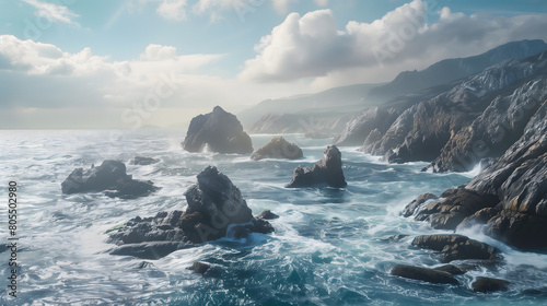 Relentless Coastline: Rugged Landscape with Sea Stacks Shaped by Ocean's Embrace
