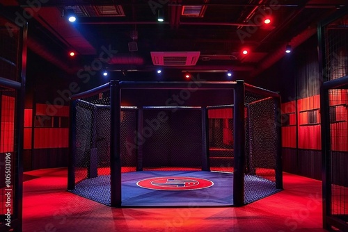 Empty octagonal ring for MMA fights in the red room. The concept of fights without rules