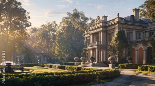 A classic Regency-style mansion in the gentle light of morning, its elegant facade and formal gardens reminiscent of an English country estate, offering a glimpse into a bygone era of luxury 