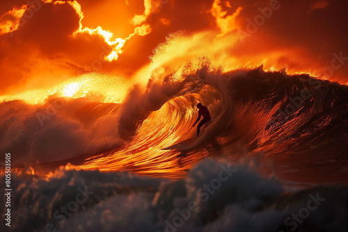 Silhouetted surfer conquers monstrous Banzai Pipeline wave set against a fiery Hawaiian sunset illustrating raw power and serenity