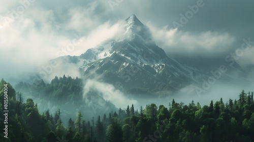 Majestic Solitude: Solitary Mountain Peak Cloaked in Forest and Mist