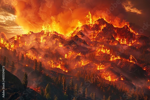 catastrophic climate change dramatic 3d illustration of a raging forest fire on a mountainside environmental awareness concept
