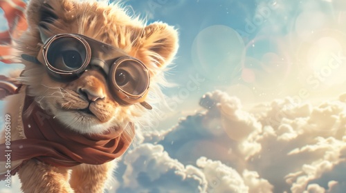 A cute lion wearing pilot goggles and a scarf, flying his doghouse against a sunny sky, with a cute baby face, big eyes